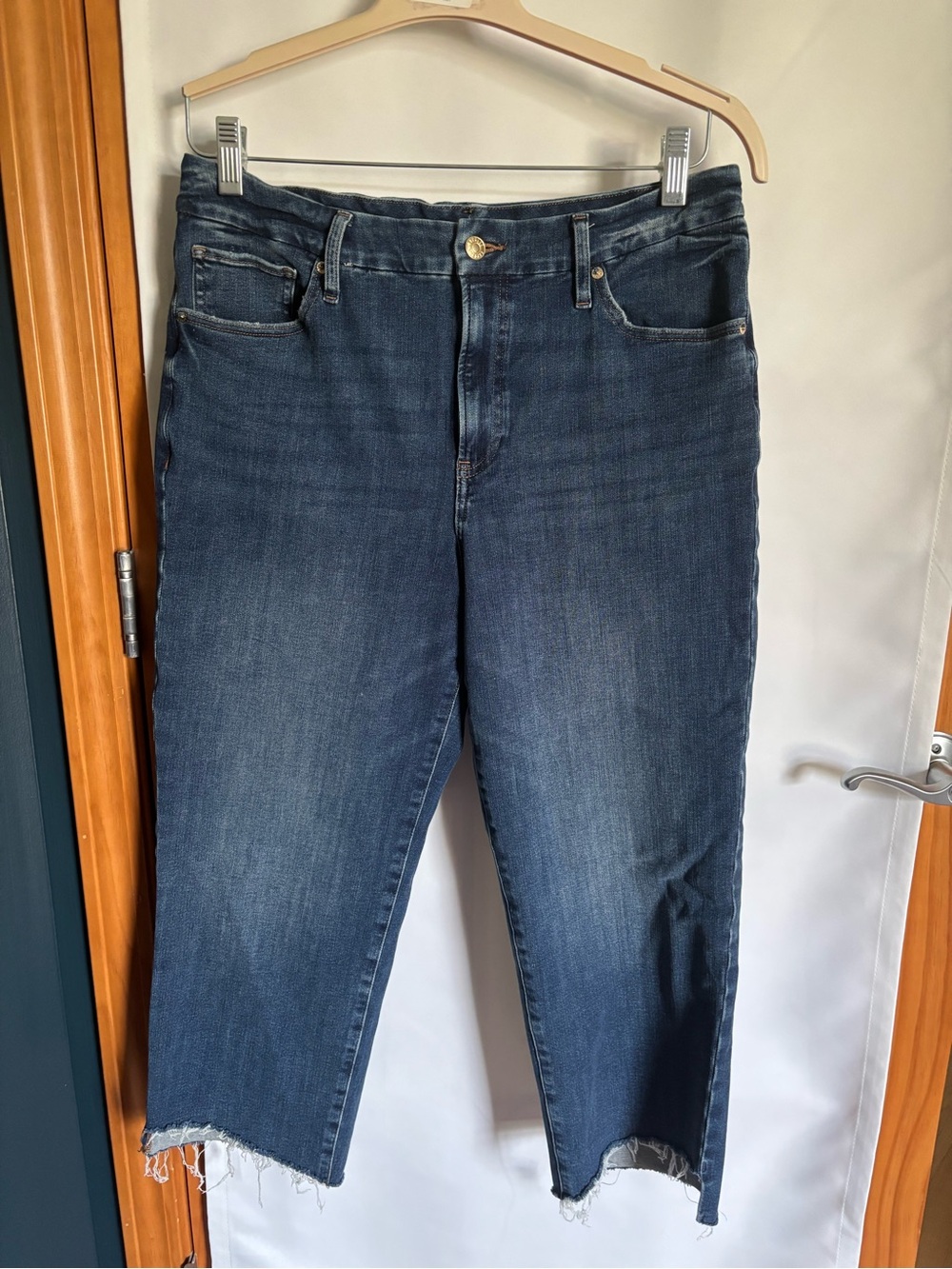 Express Dark Blue Cropped Raw Hem Jeans
